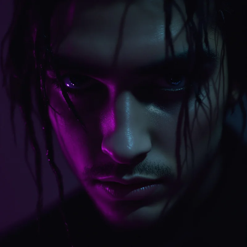 ken carson PFP avatar with detached stare and dark purple tones