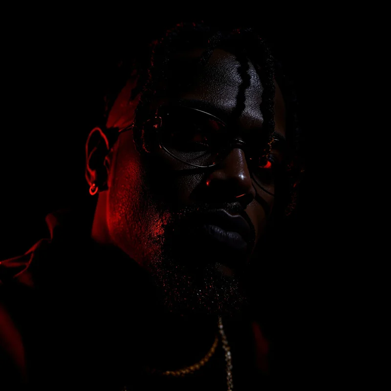 ken carson style avatar with low-angle close portrait and black and deep red