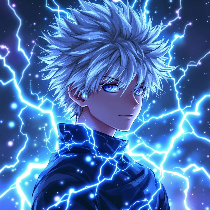 Killua storm PFP with cinematic lightning atmosphere