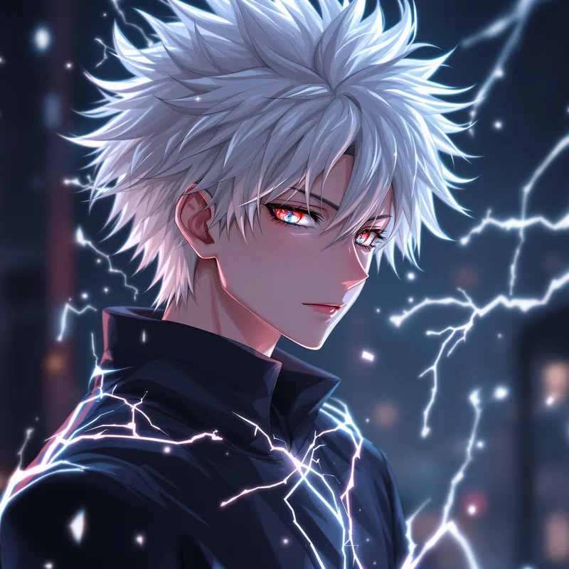 Killua white void PFP with soft electric glow