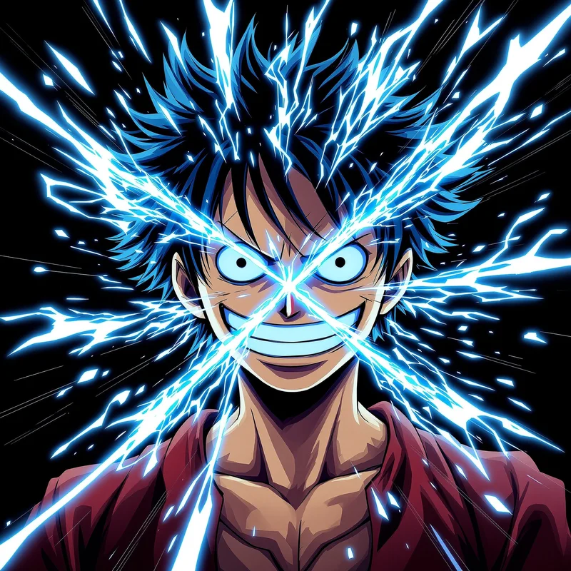 Luffy profile image with glitch-heavy face focus and compact clarity