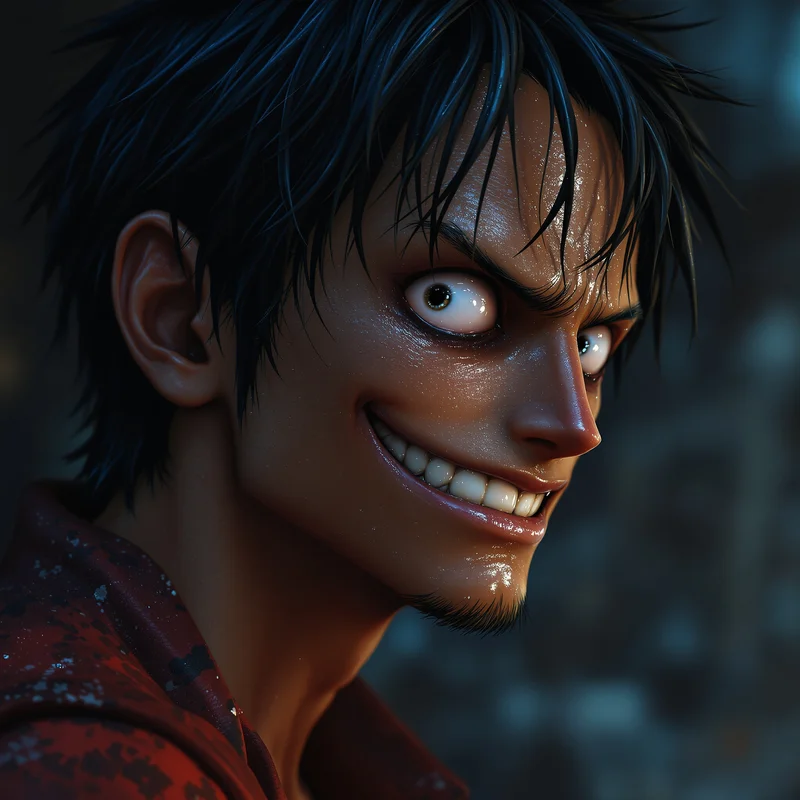 Luffy profile image with glitch-heavy face focus and compact clarity