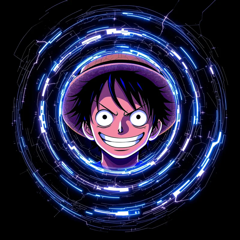 Luffy profile image with glitch-heavy face focus and compact clarity