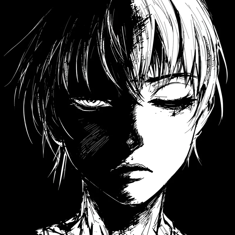 Black and white anime avatar with high contrast