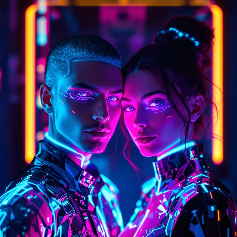 Cyberpunk matching PFP duo with neon holographic aura