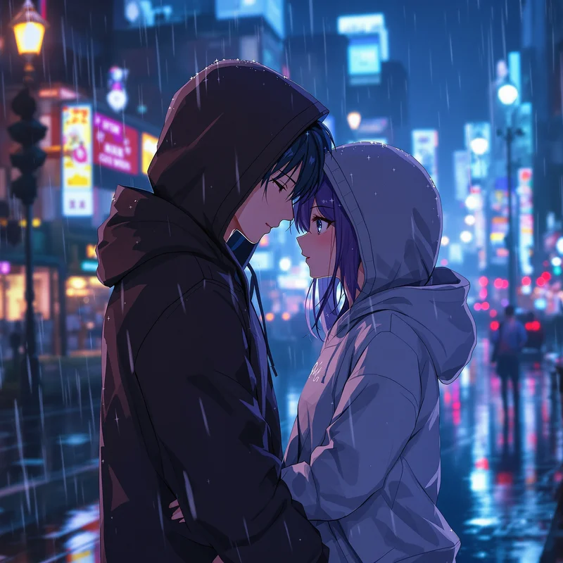 Hoodie matching PFP duo with rain city atmosphere