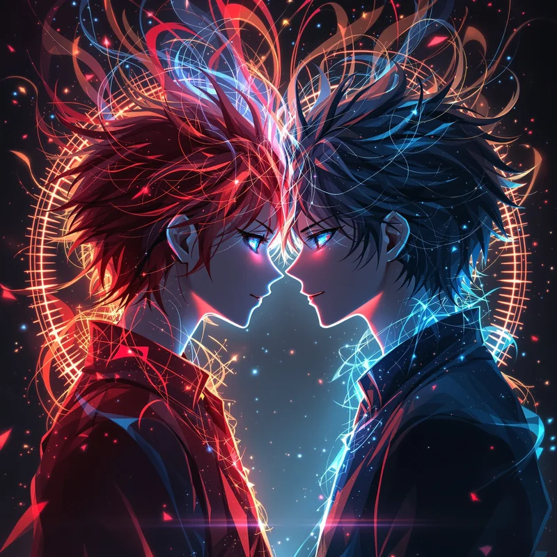Red and blue matching PFP with mirrored emotional aura