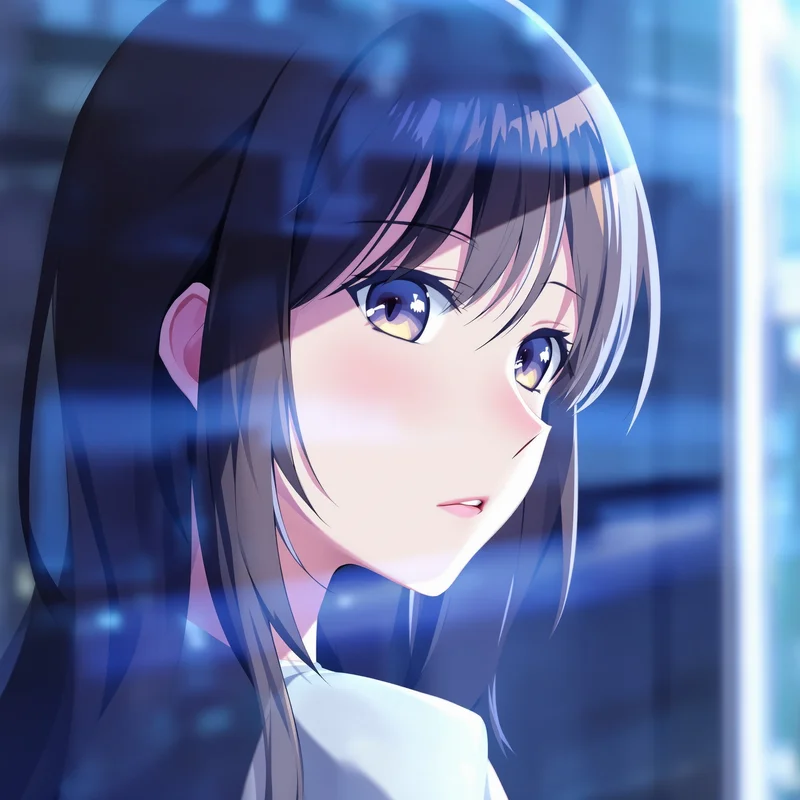 anime girl avatar with blue reflection mood and composed identity