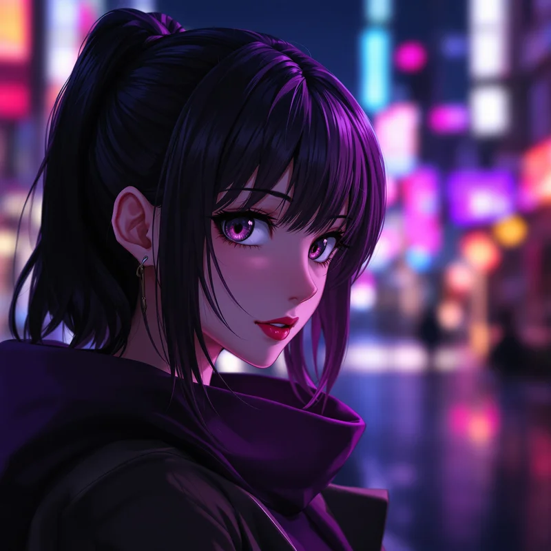 anime avatar portrait with city night blur and eye-centered design
