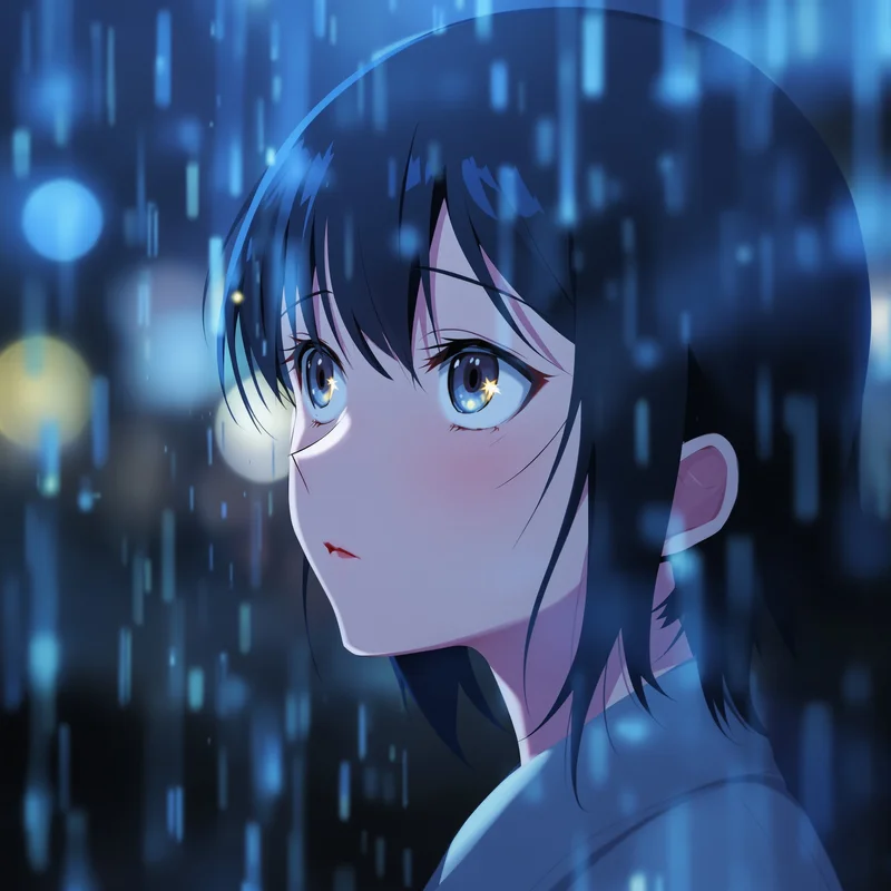 anime avatar portrait with rainy window mood and distant expression
