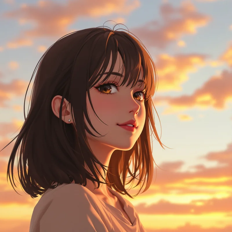anime girl avatar with warm sunset light and clear profile framing
