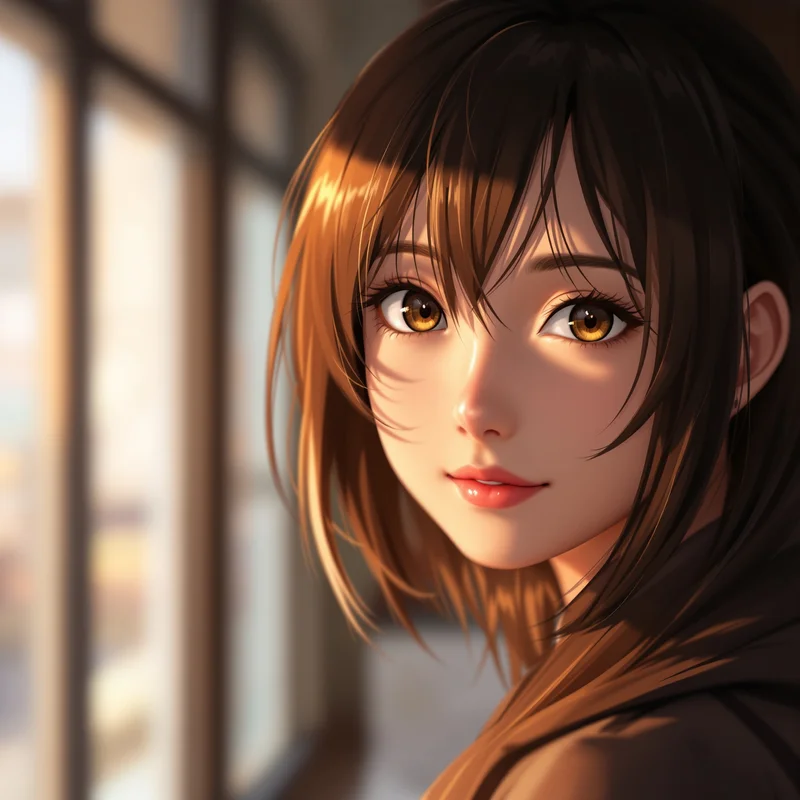 anime girl digital identity icon with warm skin light and direct gaze