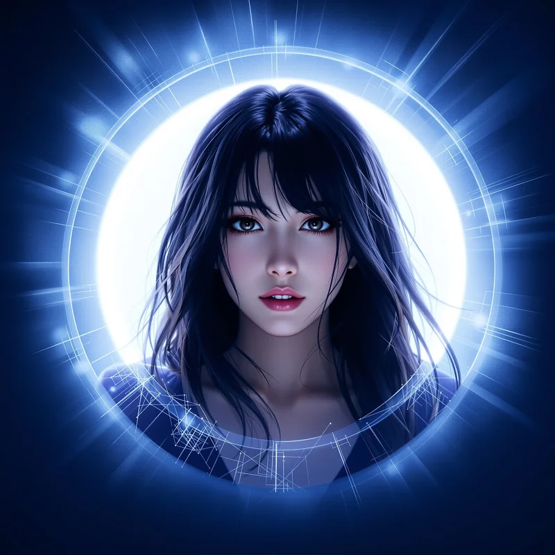 Momo Ayase avatar with particle aura and centered headshot
