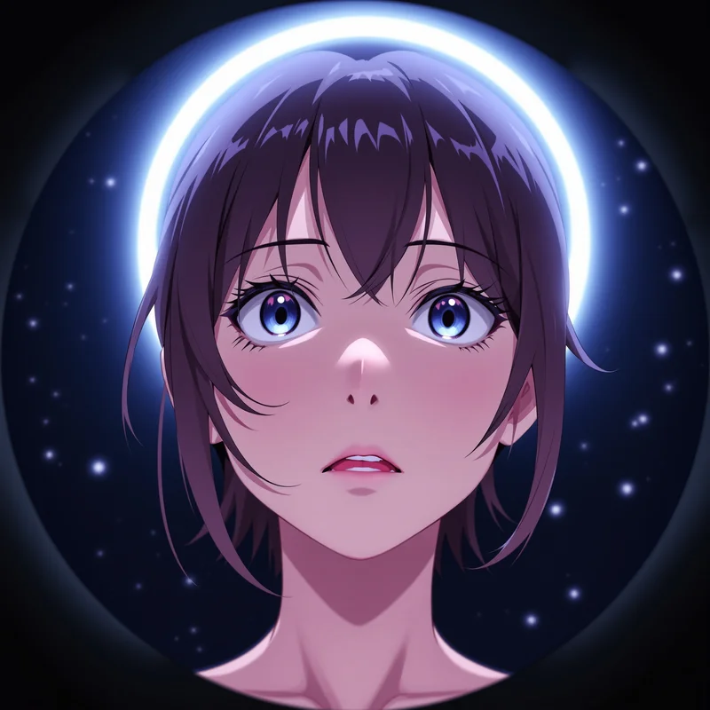 Momo Ayase avatar with particle aura and centered headshot