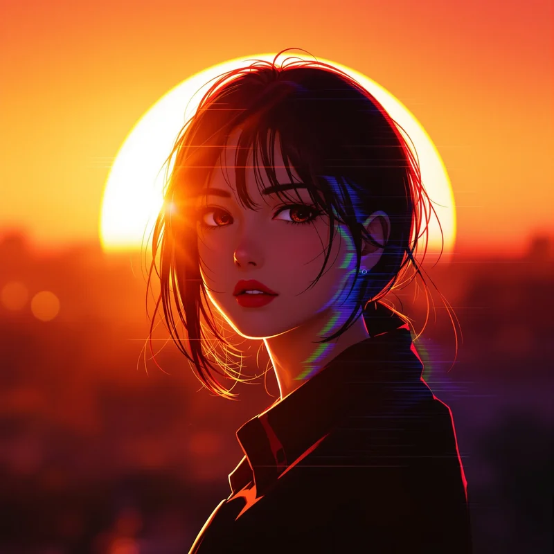 Momo Ayase avatar portrait with glitch accents and clear silhouette