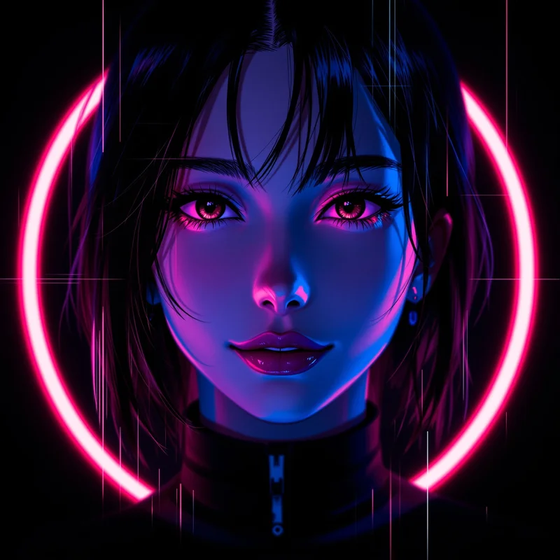 Momo Ayase avatar portrait with glitch accents and clear silhouette