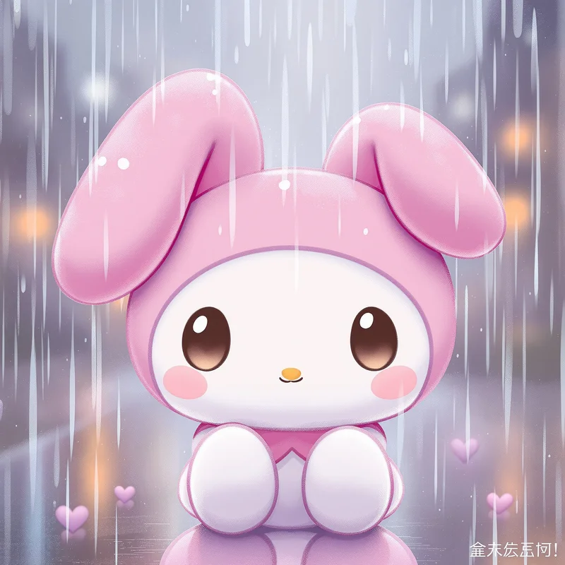 rainy my melody pfp with cinematic pastel rain