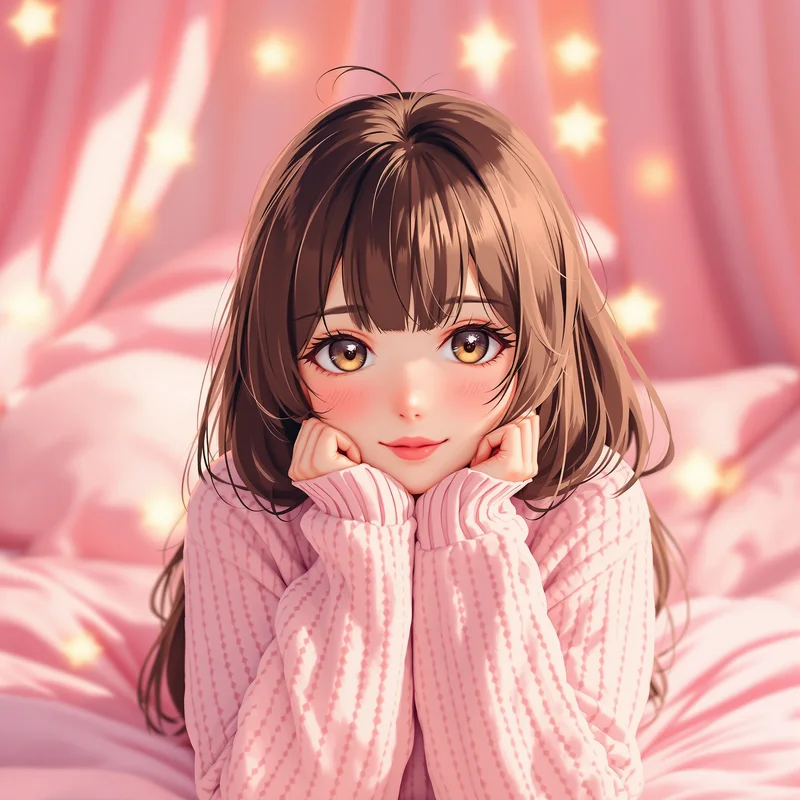 cozy pink anime pfp with bedroom glow and plush textures