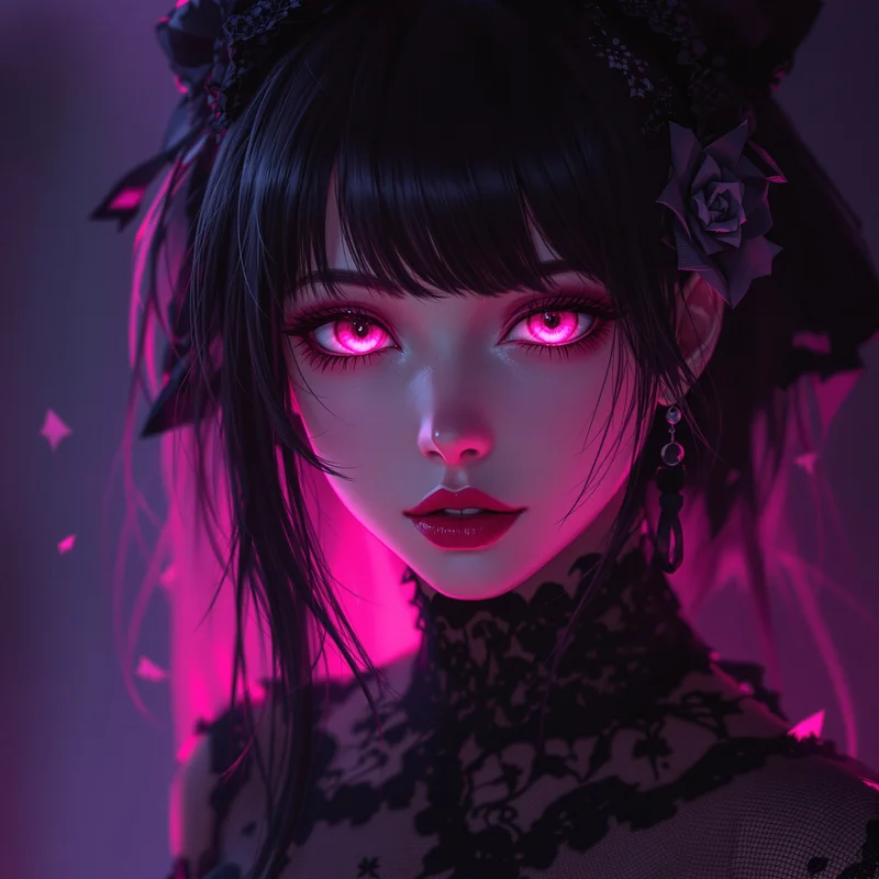 dark pink goth anime pfp with black lace and pink aura