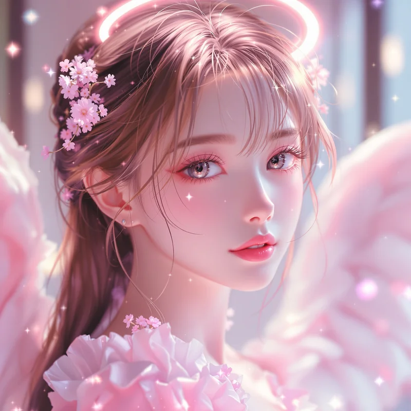 pink angel anime pfp with halo glow and soft pearl lighting