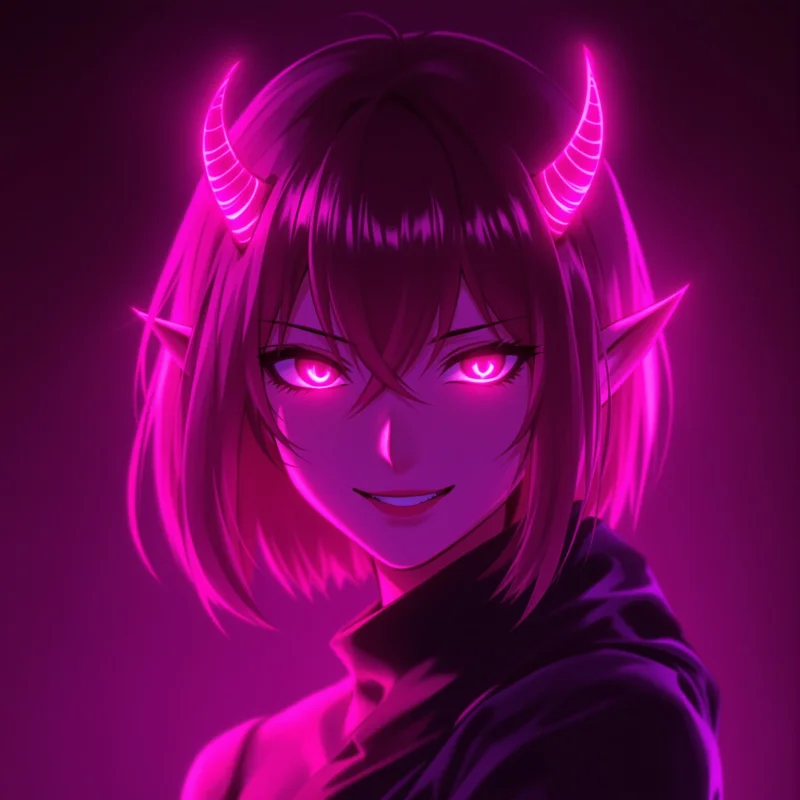 pink devil anime pfp with neon magenta glow and mischievous eyes