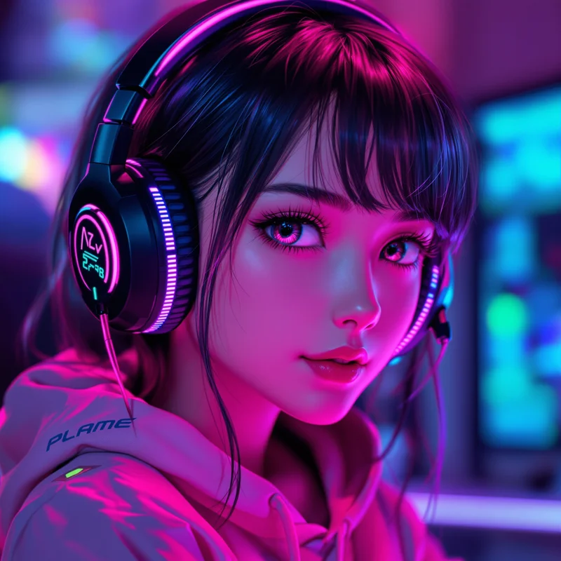 pink gaming girl anime pfp with headset and rgb glow