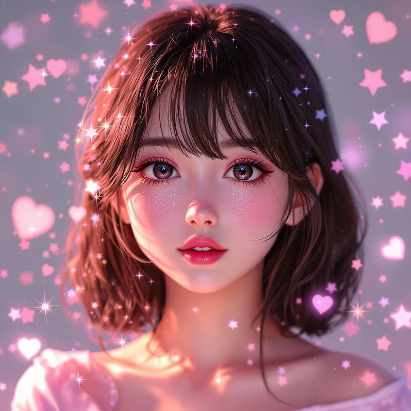 pink glitter dream anime pfp with sparkle glow and glossy eyes
