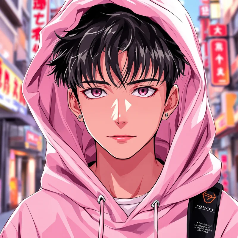 pink hoodie anime boy pfp with soft streetwear aesthetic