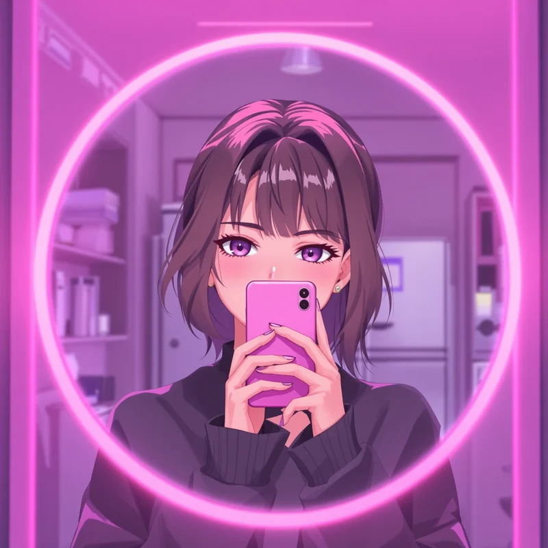 pink mirror selfie anime pfp with glossy social aesthetic
