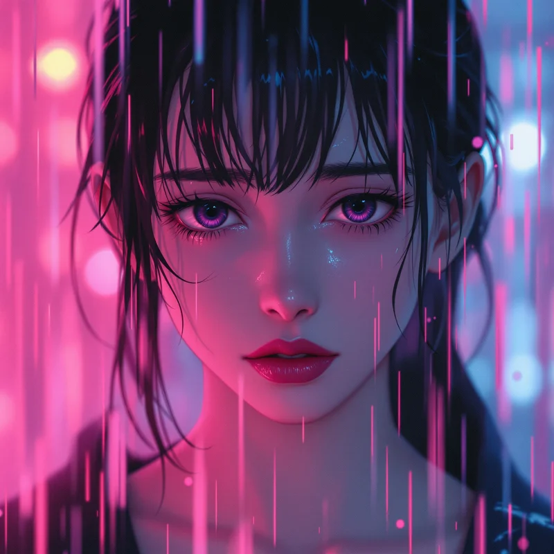 pink rain anime pfp with neon reflections and sad eyes