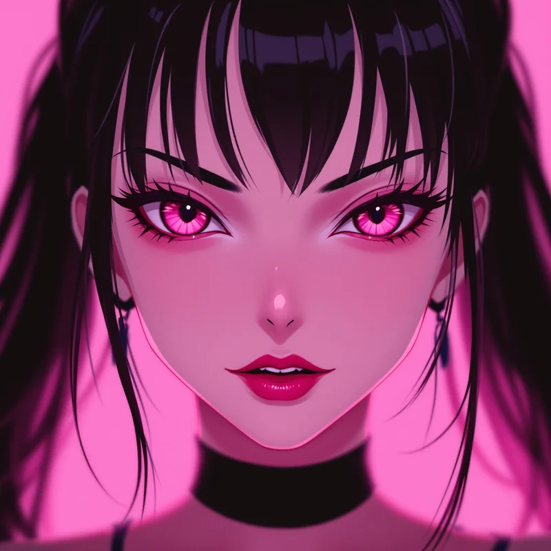 pink vampire anime pfp with soft dark romantic glow