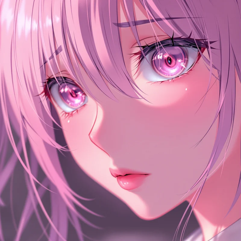 sad pink anime pfp with tearful glossy eyes and soft glow
