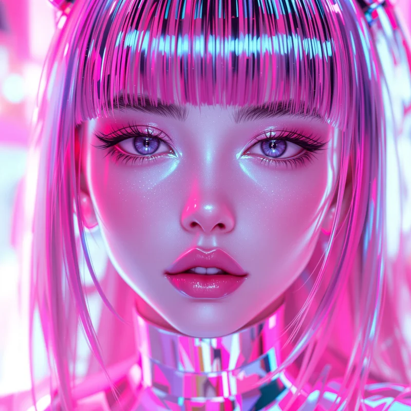 y2k pink cyber anime pfp with chrome reflections and glossy glow