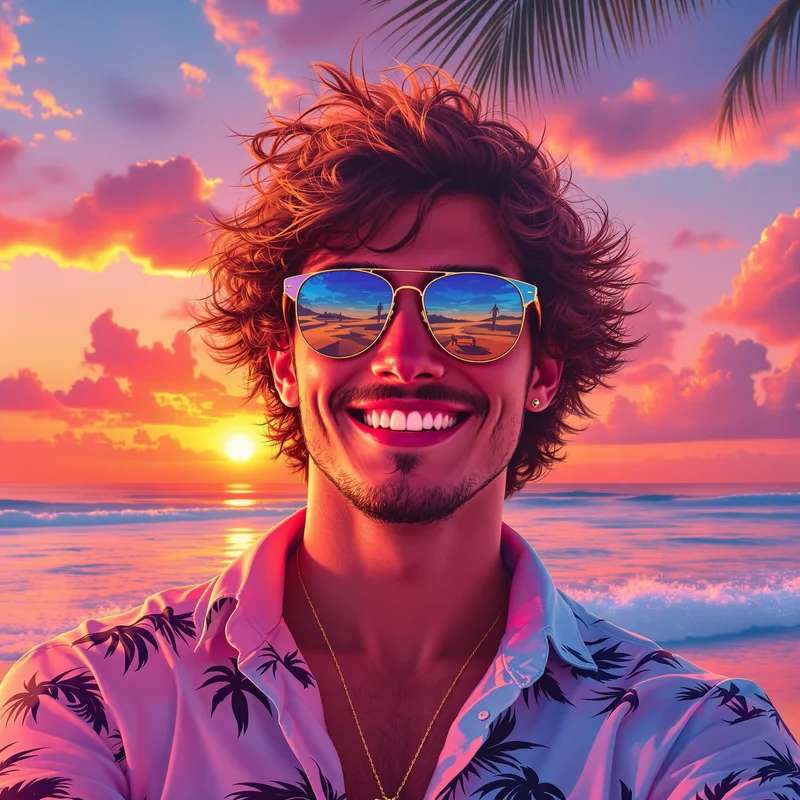 Beach preppy PFP with tropical sunset energy