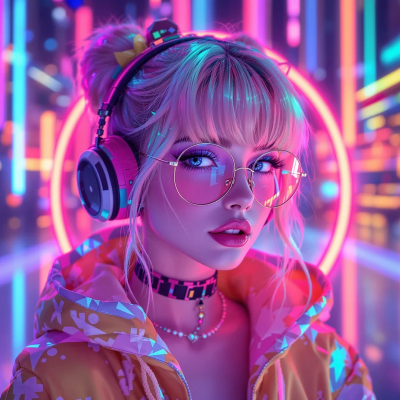 Cyber pastel preppy PFP with futuristic glow
