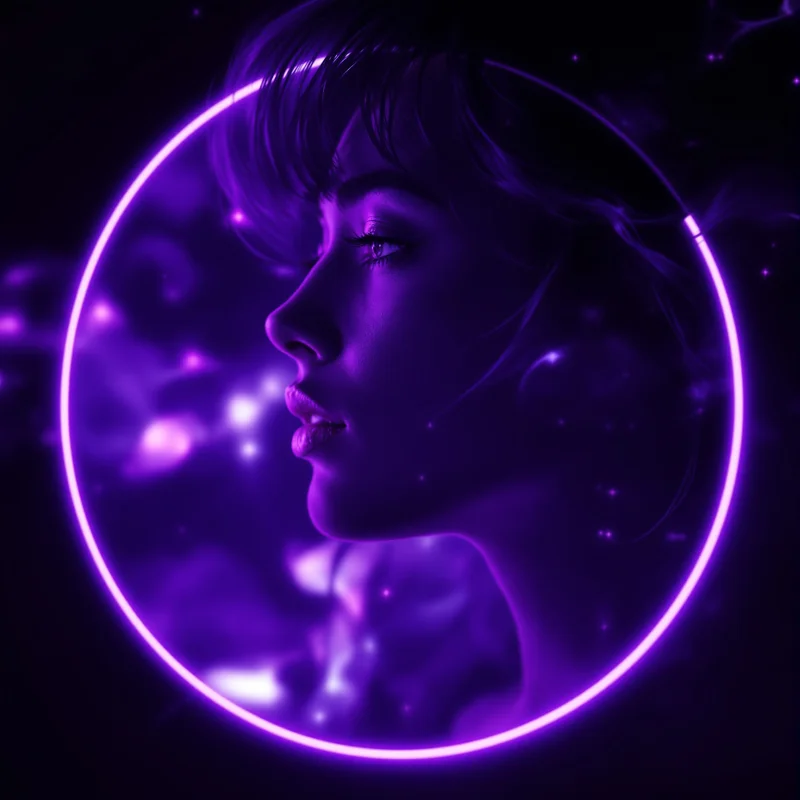 Purple PFP avatar with mystic identity and strong contrast