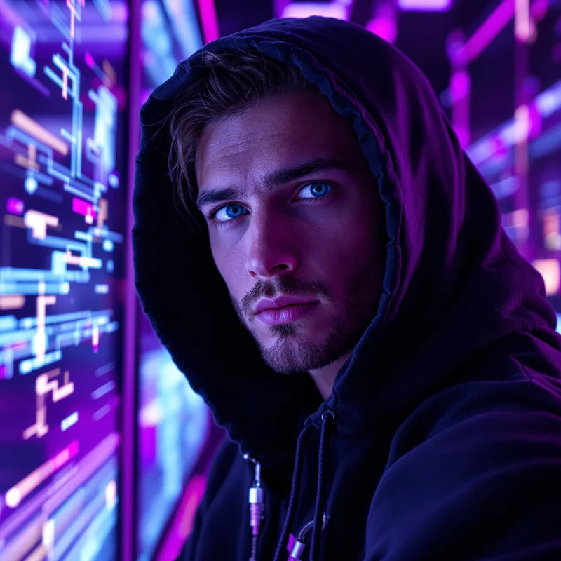Purple hacker avatar.