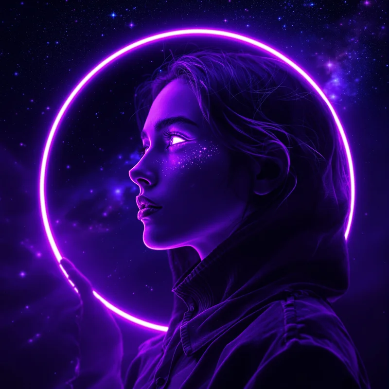 Purple avatar portrait with cosmic aesthetic and clarity