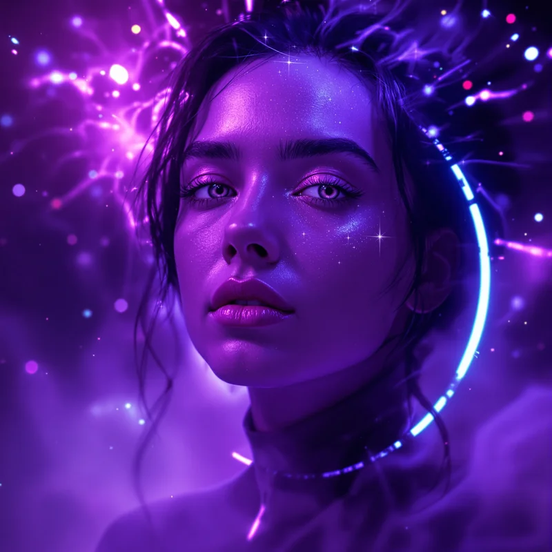 Purple avatar profile image with glowing expression and clarity