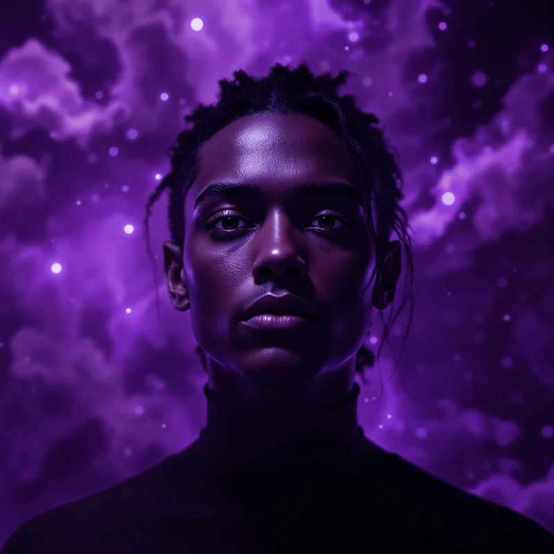 Purple avatar portrait with cosmic aesthetic and clarity