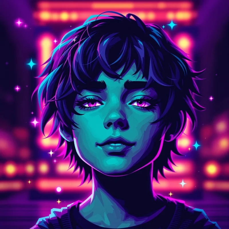 Purple pixel art avatar.