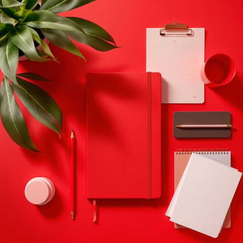 Red Notebook Flatlay Background