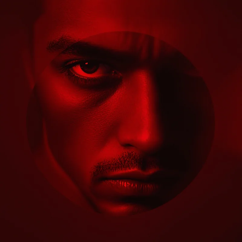 Red avatar profile image with intense tone and recognition