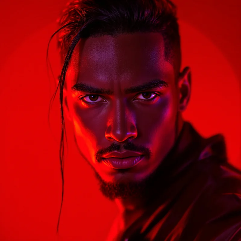 Red avatar profile image with intense tone and recognition