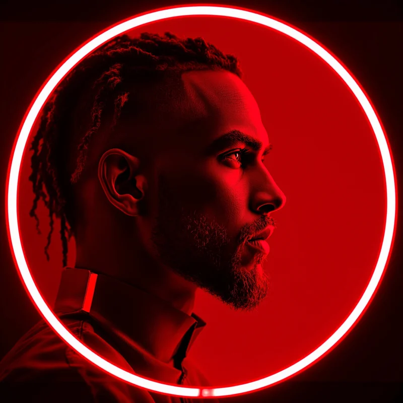 Red avatar profile image with intense tone and recognition