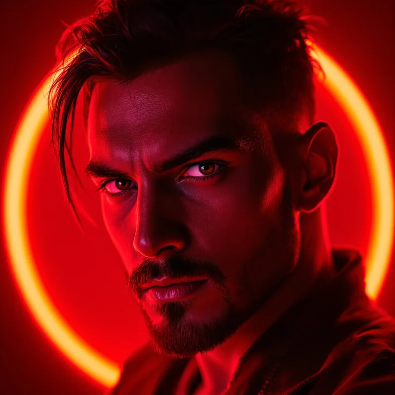 Red PFP with fiery tones and identity focus