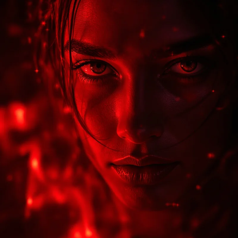 Red PFP with fiery tones and identity focus