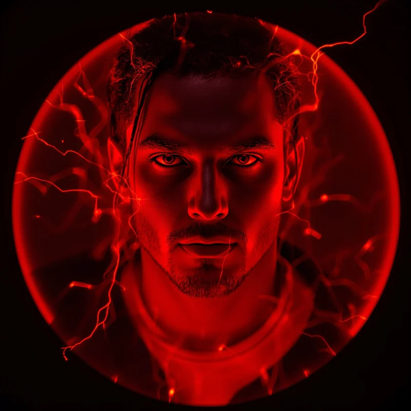 Red PFP with fiery tones and identity focus