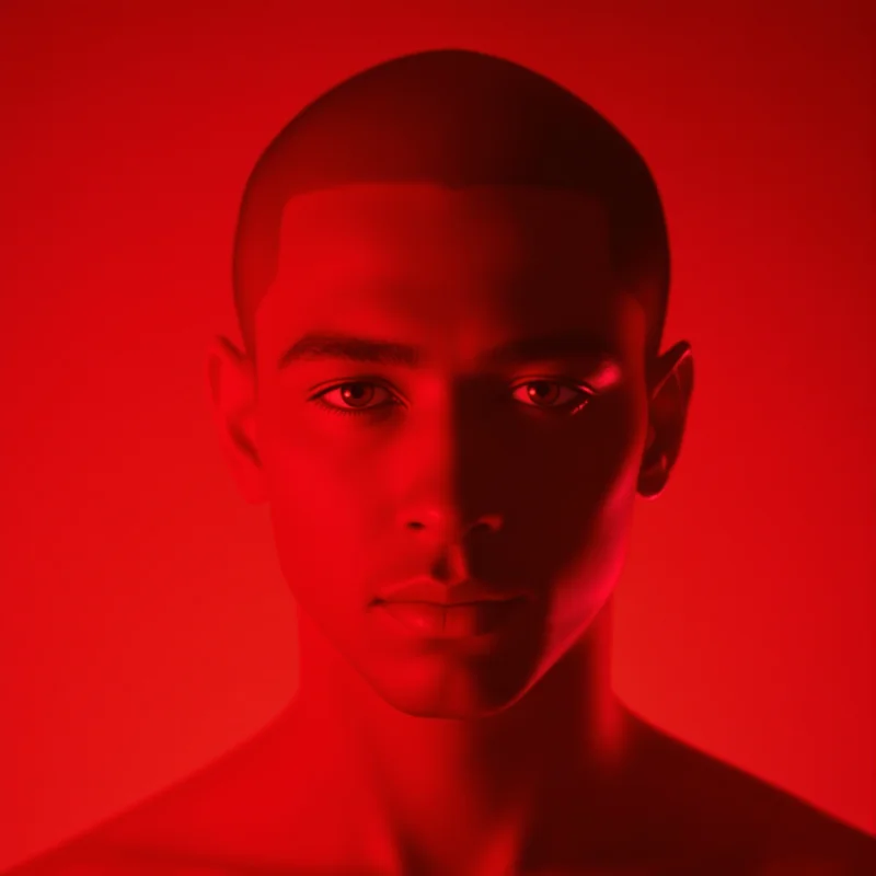 Red avatar portrait with powerful aesthetic and identity