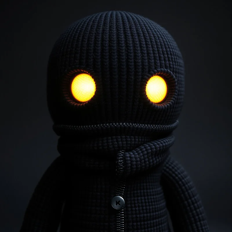 Dark Sackboy PFP with black stitched texture and glowing eyes